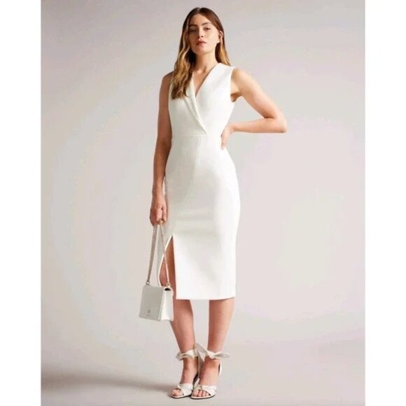 Ted Baker London Size 0 Midi Dress Tilolah Pencil White Collared Sleeveless NWT - Picture 1 of 7